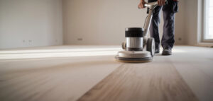 En professionell golvslipare arbetar med en dammfri slipmaskin i ett ljust rum.