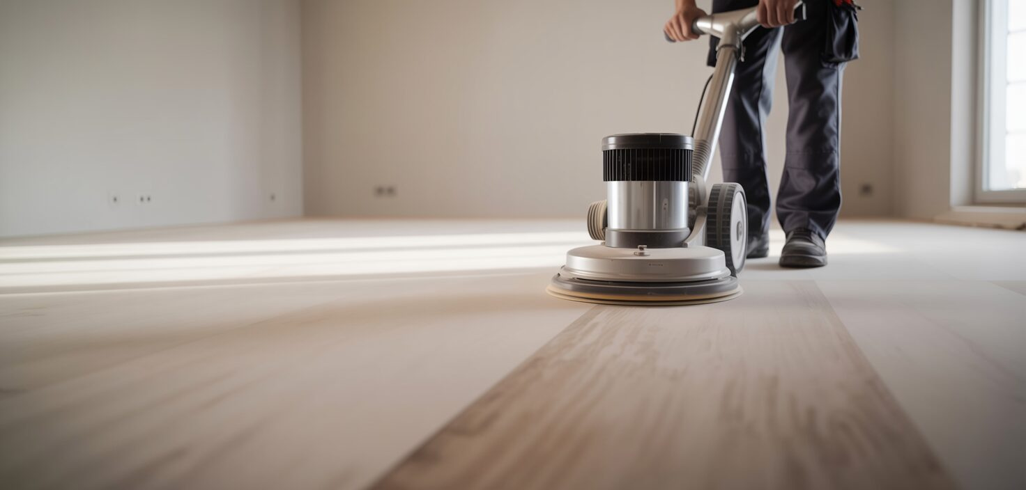 En professionell golvslipare arbetar med en dammfri slipmaskin i ett ljust rum.