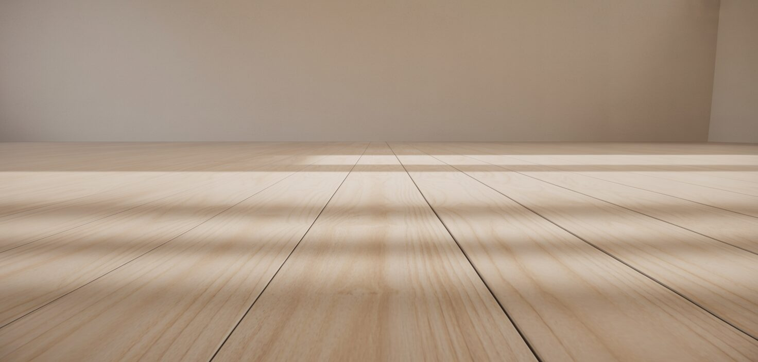 En fotorealistisk bild av ett nyslipat trägolv, med ljus ytbehandling, som reflekterar dagsljuset, med fokus på träets ådring och textur. Mycket minimalistisk.