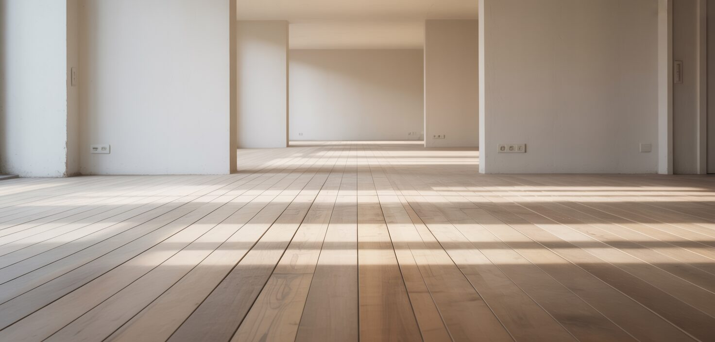 En photorealistisk bild av ett nyslipat trägolv med ljus ytbehandling i ett minimalistiskt hem.