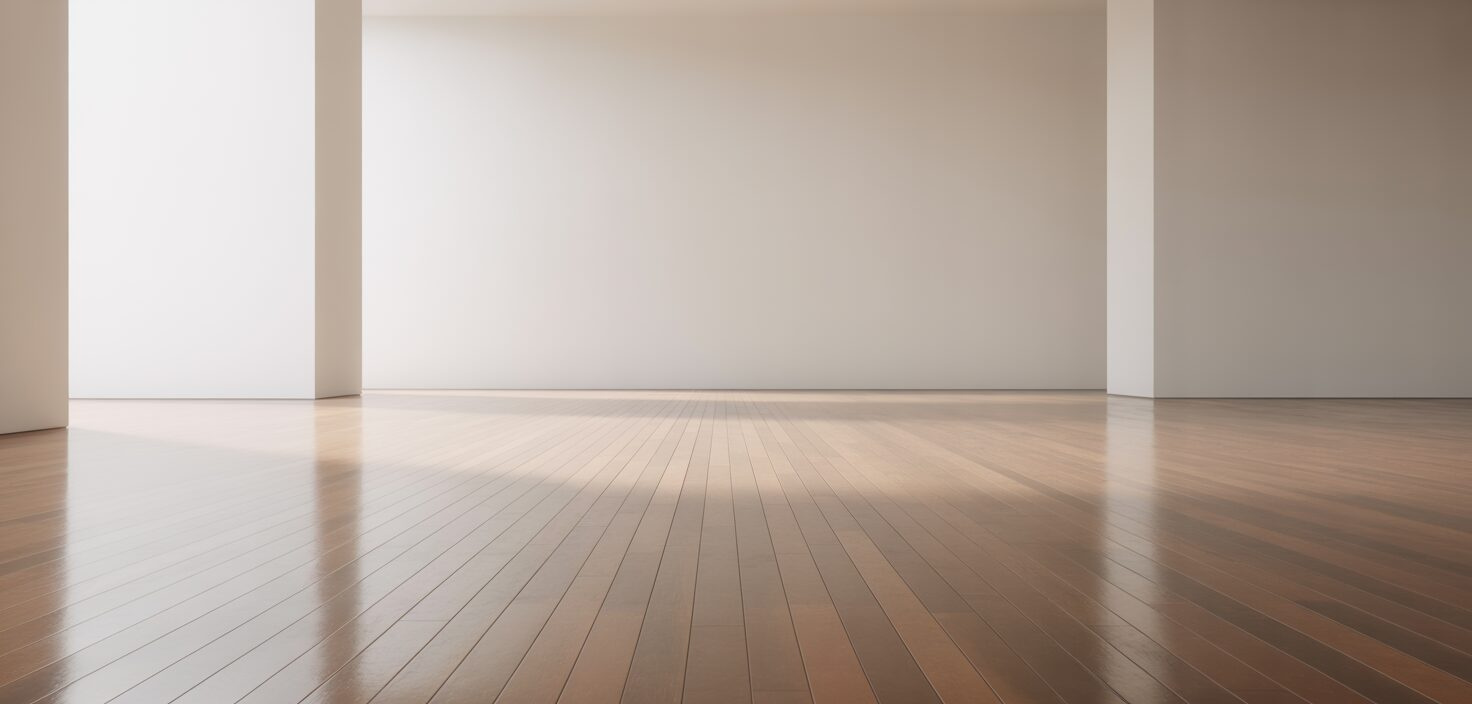 En fotorealistisk bild av ett nyslipat trägolv i ett minimalistiskt hem med ljusa väggar.