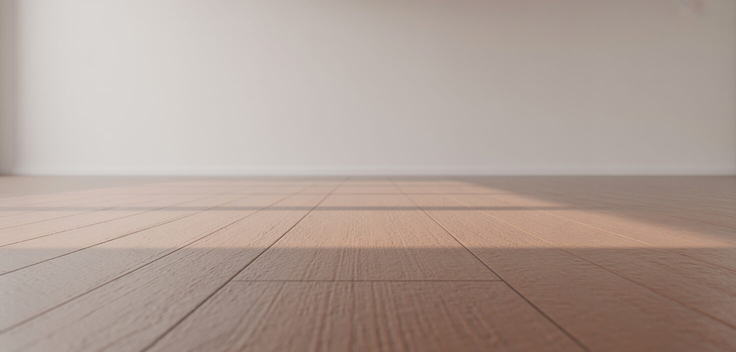 Ett välslipat trägolv i ett minimalistiskt hem, med ljusa, rena linjer.